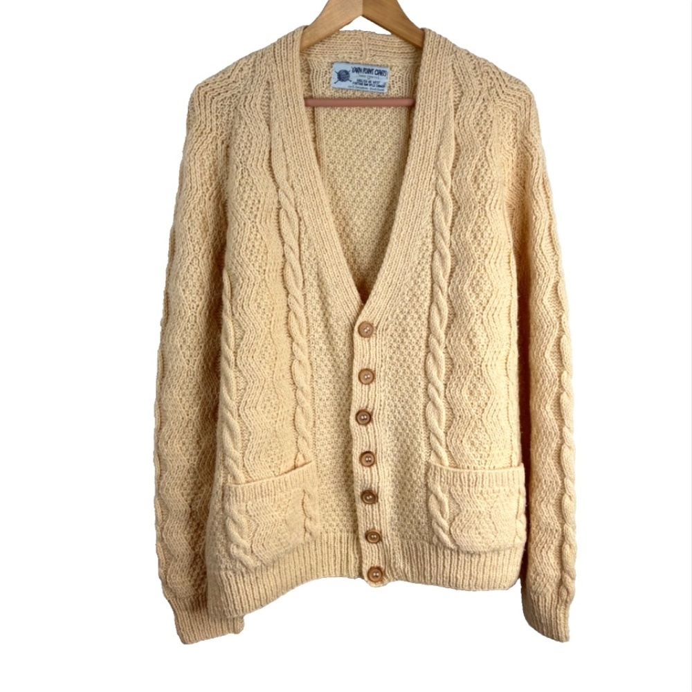 VTG 70s Yarn Point Crafts Newfoundland Wool Fisherman Cardigan L Cable Knit RARE